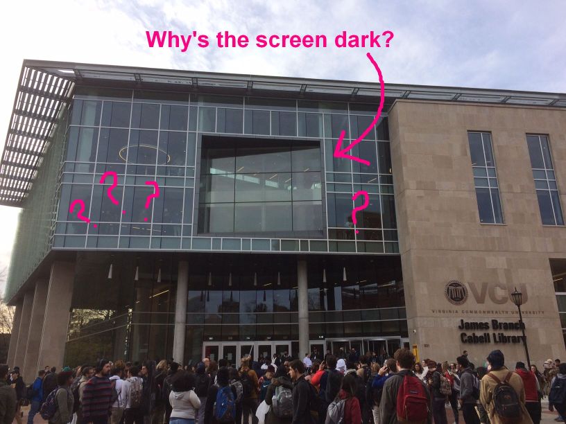 VCUCabell's tweet image. Time for an annual explanation of why there are no animated images on our big screen: changing images make a bit of clicky hummy noise, and that can be distracting to students inside on the 3rd and 4th floors near the screen. Shh, it&apos;s quieter now. #StudyHardRams #QuietLibrary
