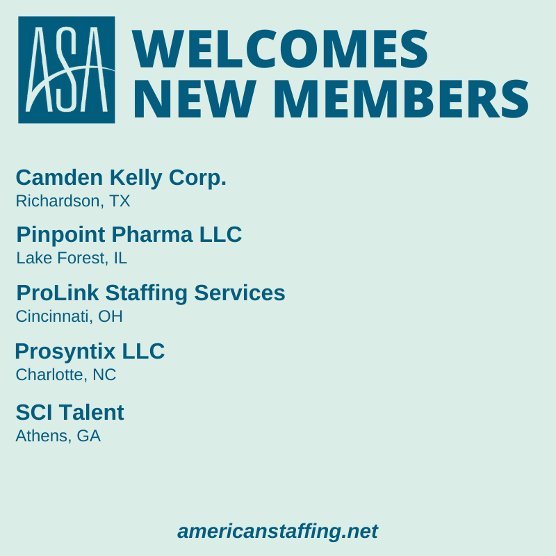 StaffingTweets's tweet photo. Welcome! Please let us know if you have questions about how to best take advantage of your new ASA membership
@CamdenKellyCorp Pinpoint Pharma LLC @ProLinkStaffing
Prosyntix LLC SCI Talent https://t.co/idLH97hpVh #MyASA #staffing https://t.co/ij5h4Zl4VO