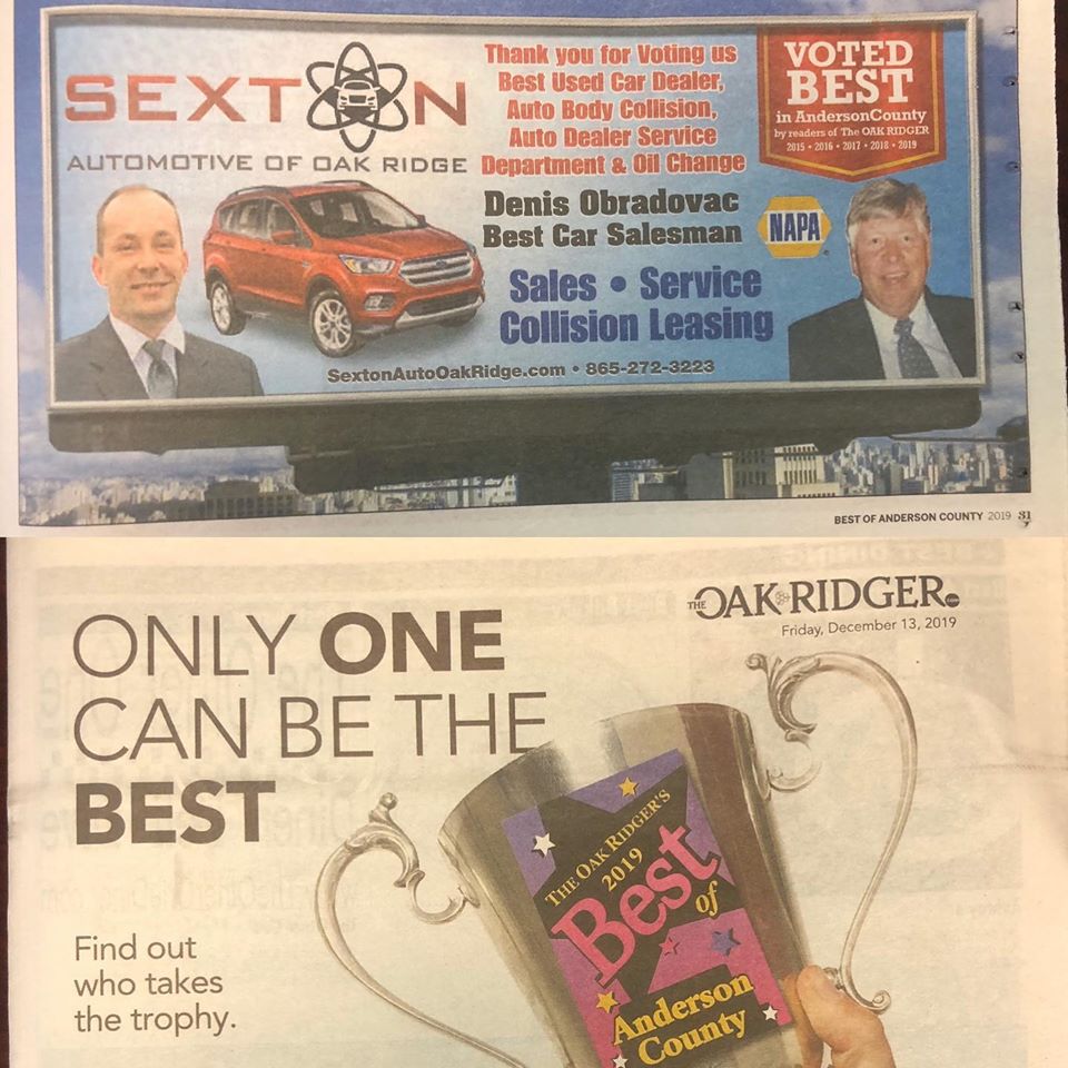 SextonAutoGroup's tweet image. Thank you for voting us the best of Anderson County 2019!!!
🎉Best Used Car Dealer🎉
🎉Best Auto Body and Collision🎉
🎉Best Auto Dealer Service 🎉
🎉Best Oil Change🎉
🎉Best Car Salesman - Denis Obradovac🎉