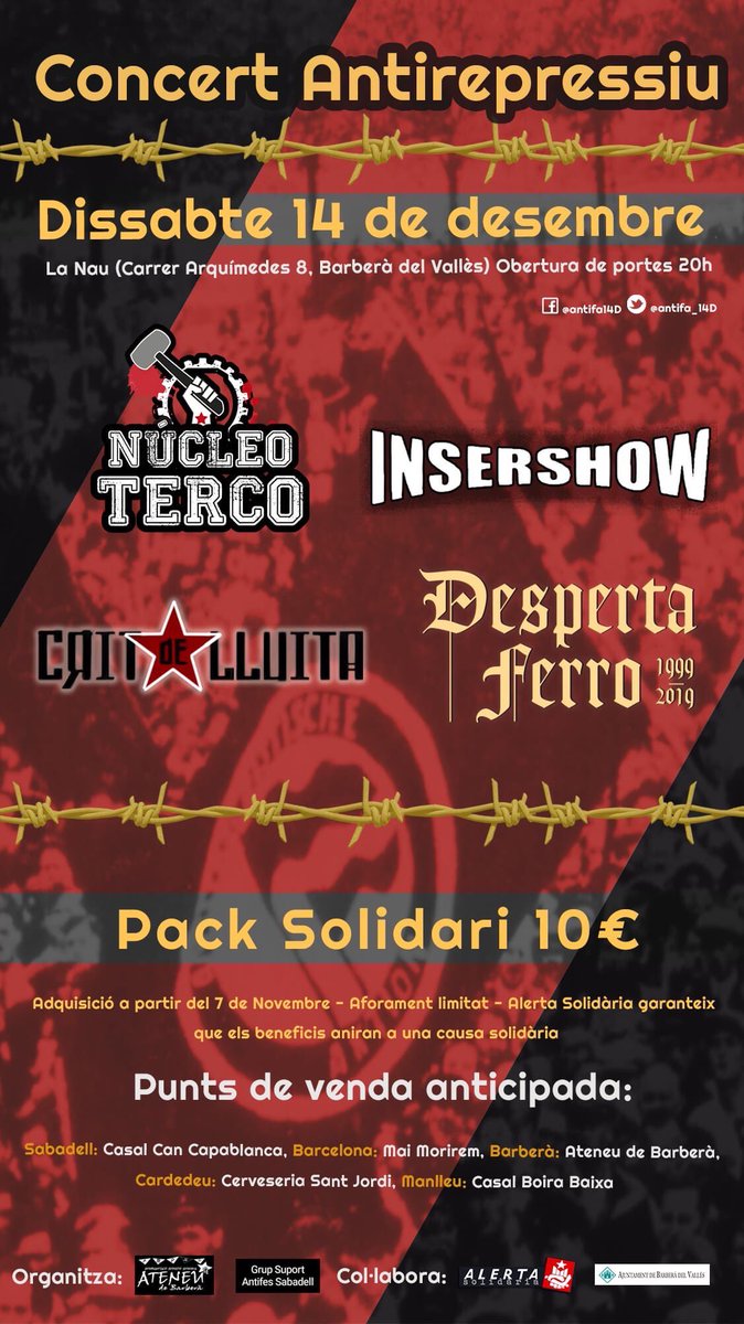 ArranSbd's tweet photo. Us animem a anar al concert solidari @Antifa_14D que es farà demà a la Nau de Barberà! 

Encara podeu comprar les entrades al @cancapablanca. 

La solidaritat és la nostra millor arma. Visca la lluita antifeixista!⚒️✊ https://t.co/8YVu7xMPmf