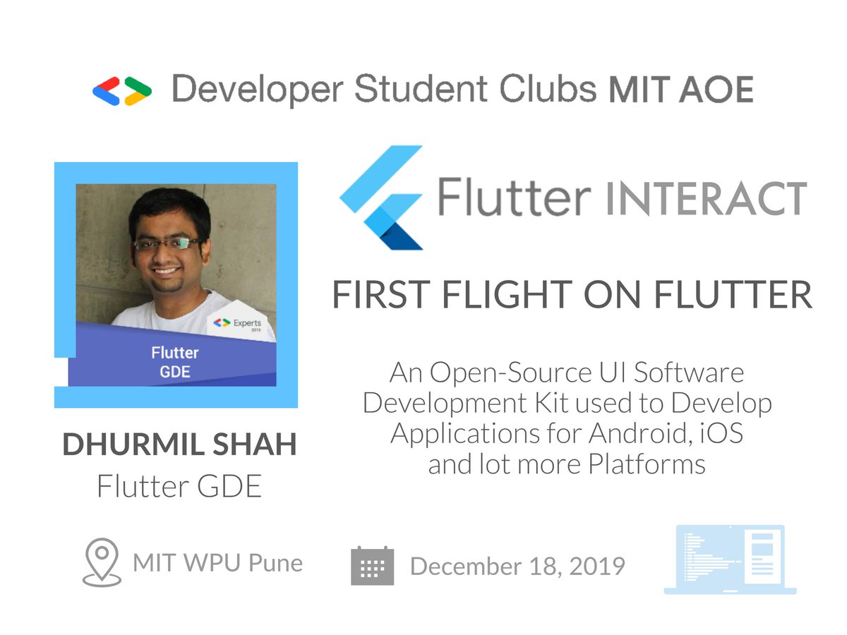 DSCmitaoe's tweet photo. FIRST FLIGHT ON FLUTTER with Dhurmil Shah ( FLUTTER GDE )
Date : December 18, 2019
Flutter is an open-source UI software development kit used for App Development
#flutter #fluttergde #gde #dsc #dscmitaoe #mit #mitwpu #gdg #gdgpune #dev #developers #ios #android https://t.co/ey2JUp3ZE8