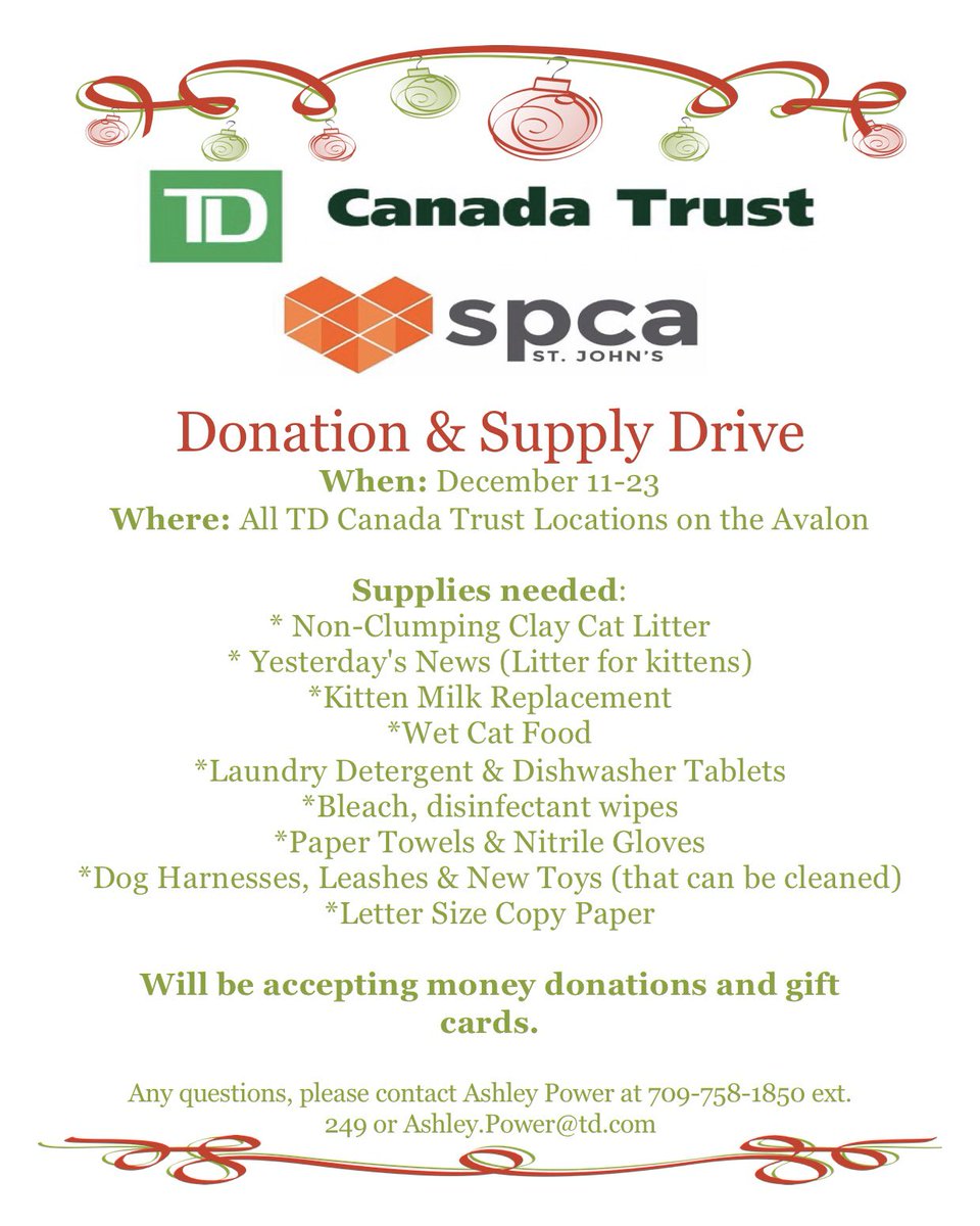 TD Canada Trust is having their annual SPCA Donation &amp; Supply Drive! Stop into any of our 7 branches on the Avalon if you would like to donate. <a href="/SPCAStJohns/">SPCA St.John's</a> <a href="/TD_Canada/">TD (Canada)</a> <a href="/MuirChris_TD/">Chris Muir</a> <a href="/brittany_ryan34/">Brittany Ryan</a>