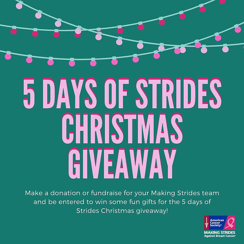 Happy Holidays Striders!! 

Celebrate the holiday season with us by participating in our 5 Days of Strides Christmas Giveaway! Starting on Monday, 12/16 through Friday, 12/20, make an online donation on any day next week and be entered to win one of 5 Strides gifts!