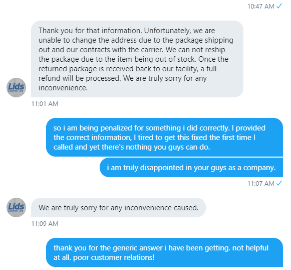 RRRickng's tweet photo. So I contacted @LidsAssist and got nothing resolved. I am being penalized by @lids for doing everything correctly. Was proactive too on getting it resolved. Disappointed in the company all together #Christmasisruined #badcustomerservice  #idontcareaboutspellingmistakes https://t.co/SJxavZtk4e