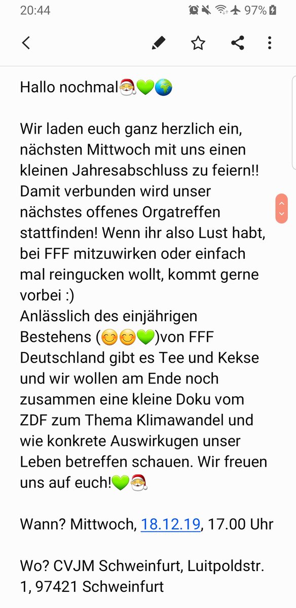 fffschweinfurt's tweet photo. ALLE INFOS ZUR FFF WEIHNACHTSFEIER FINDET IHR IM BILD 💚💚 #FridaysForFuture #Schweinfurt https://t.co/WMdi0cRsAz