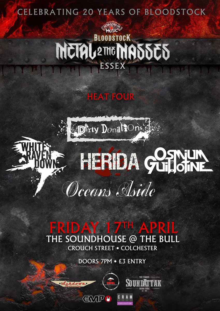 We’re really looking forward to returning to The Soundhouse @ The Bull for Metal 2 The Masses Essex... On the bill @oceansaside1 @OsmiumG @Herida_UK and Dirty Donations... 👍👍 Gonna be a great night of live music ALL raised in Essex!!! Come check it out!! 🤘🤘🤘