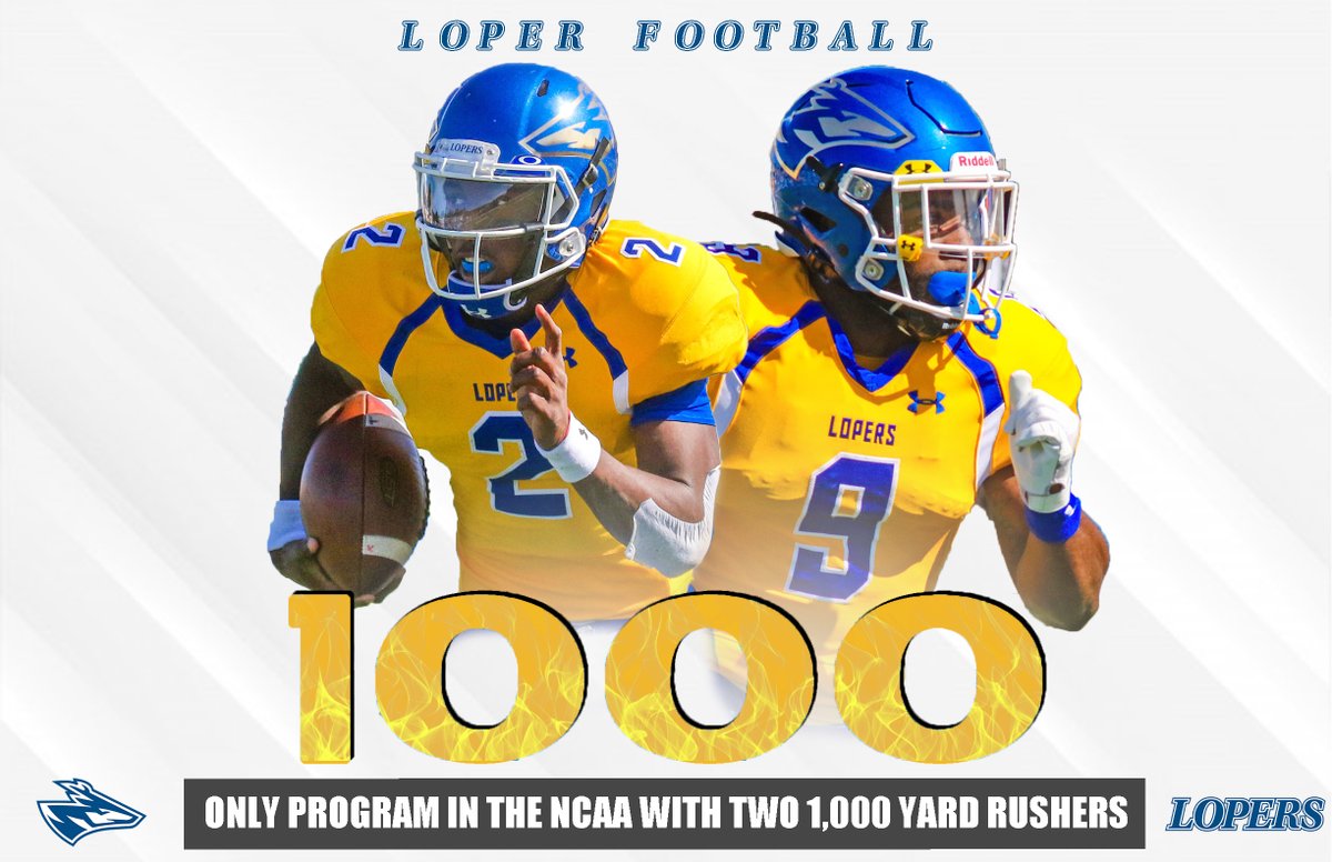 CONGRATULATIONS Loper Football for being the ONLY Team in the NCAA with TWO 1,000 Yard Rushers!
Quarterback T.J. Davis - 1,030 Rushing Yards
Running Back David Goodwin - 1,023 Rushing Yards
#IBelieve #TheRISE