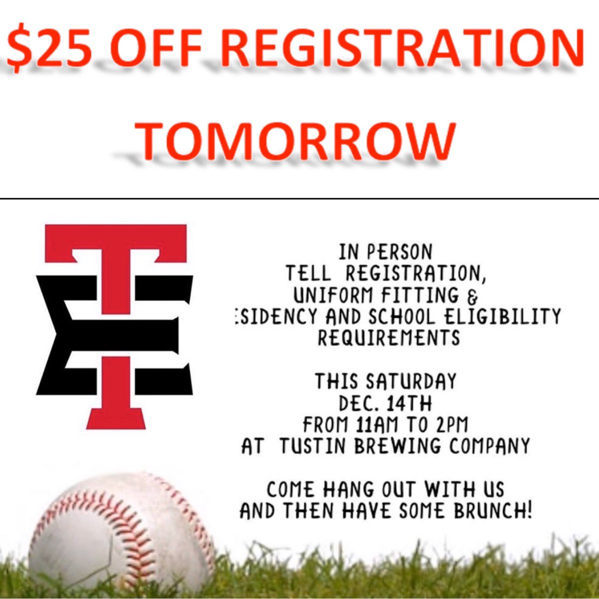 tustineasternLL's tweet photo. THIS JUST IN... If you register tomorrow at our event @tustinbrewery, you’ll receive $25 off your fees!  Come on over, have a bite to eat and get fitted up for the 2020 season!  #TELLafriend https://t.co/c0Lb7VwyBF