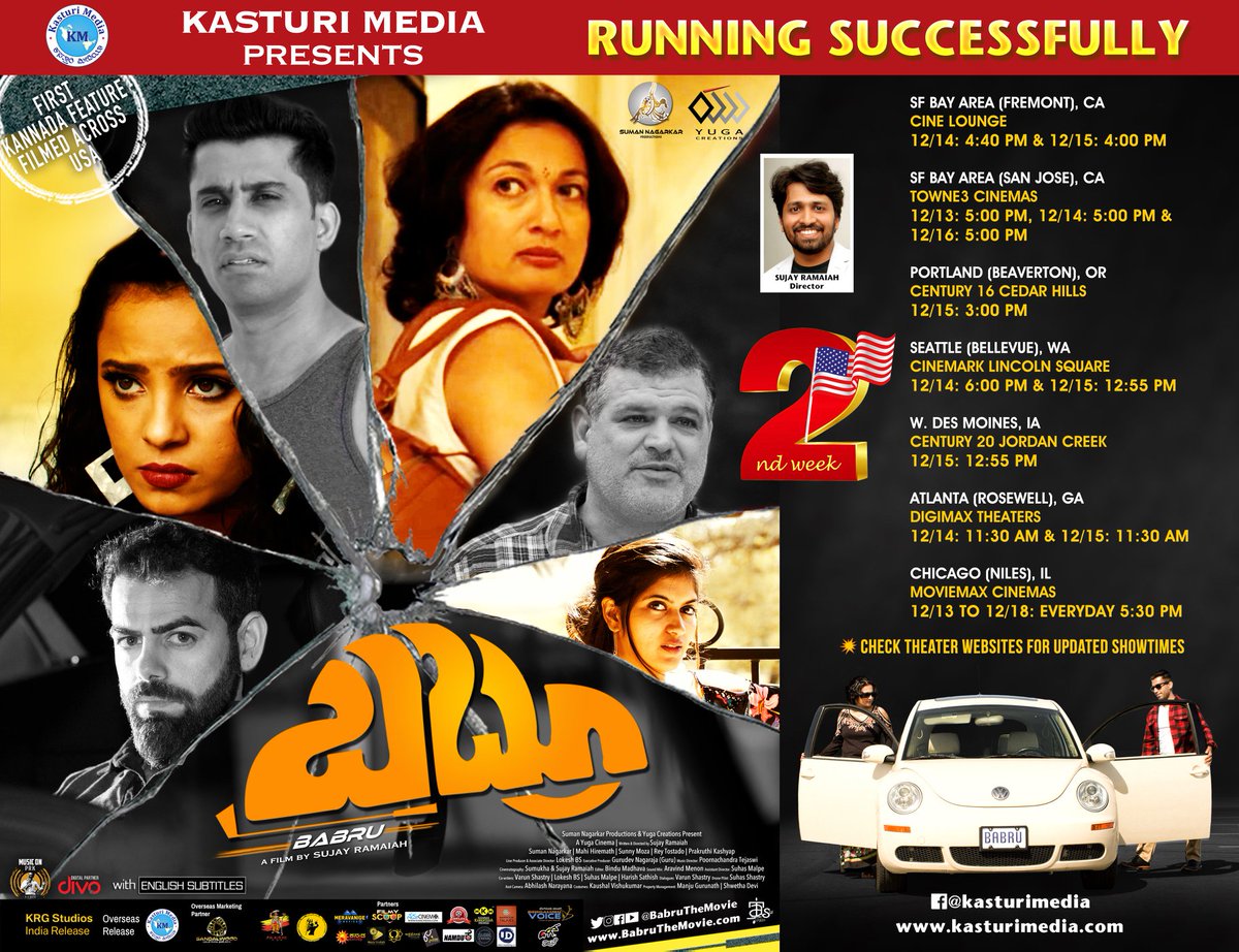 BabruTheMovie's tweet photo. Babru running successfully. Week 2 - SF Bay Area, Seattle, Portland, Atlanta, Chicago &amp; W. Des Moines.

#Babru #YugaCreations #SumanNagarkarProductions #KasturiMedia #KRGStudios #PRKAudio #divo #KFI #Kanndamovies #Kannada #Sandalwood https://t.co/DcRgl4w14F