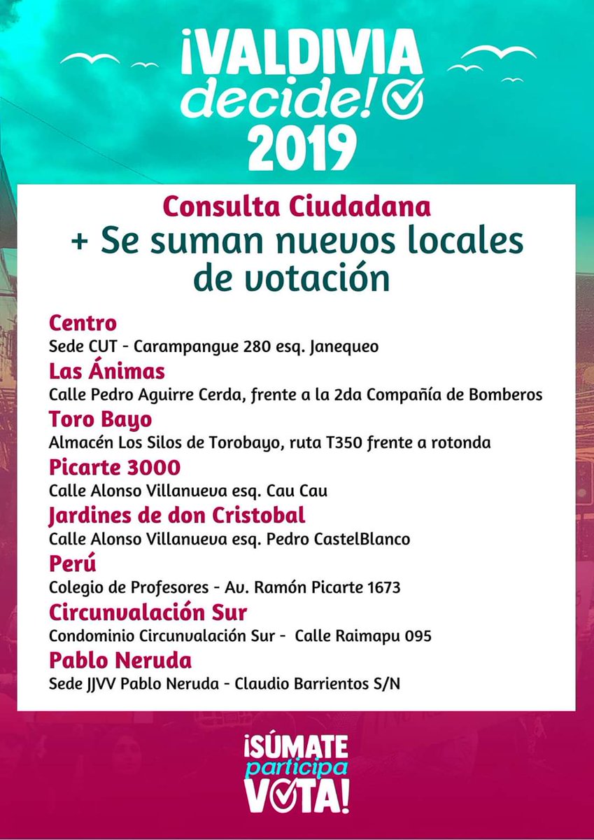 DecideValdivia's tweet photo. Sumamos 2 locales nuevos de votación! Ahora son 30 los puntos donde este domingo 15 podrás marcar tu opción en temas constitucionales, sociales y comunales. No te olvides el 15 te invitamos a ser parte de esta gran fiesta ciudadana #valdiviadecide #consultaciudadana #Valdiviacl https://t.co/UiQD3mitrx