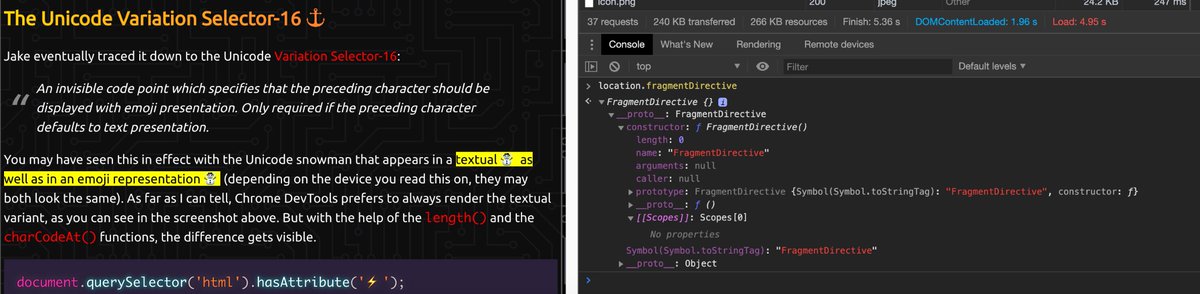 Logging window.location.fragmentDirective on the DevTools console.