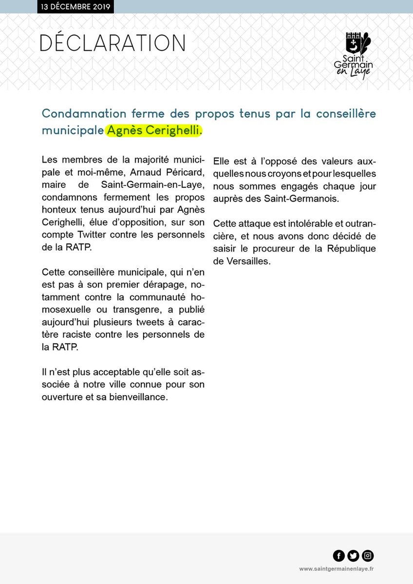 ParisPasRose's tweet photo. Le maire de @StGermainLaye @Arnaud_Pericard annonce qu'après les nouvelles attaques racistes d'une conseillère municipale habituée des dérapages haineux, il saisit le procureur de la République de Versailles. https://t.co/AXpTjlucej