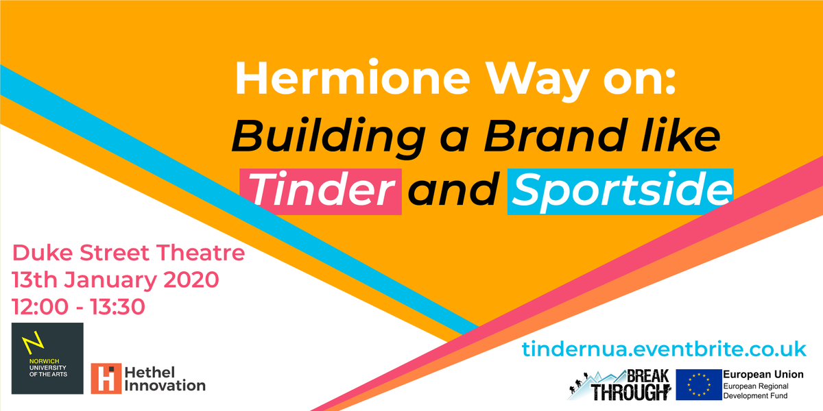 So the fantastic <a href="/hermioneway/">hermioneway</a>, not only former Head of Comms at Tinder, now CMO at Sportside, but also part of the team at <a href="/LabsStowmarket/">Innovation Labs: Coworking in Stowmarket & Ipswich</a> will be giving her talk - "Building a Brand Like Tinder" in January at <a href="/NorwichUniArts/">Norwich University of the Arts</a>

#tinder #sportside

bit.ly/2ROUwKZ