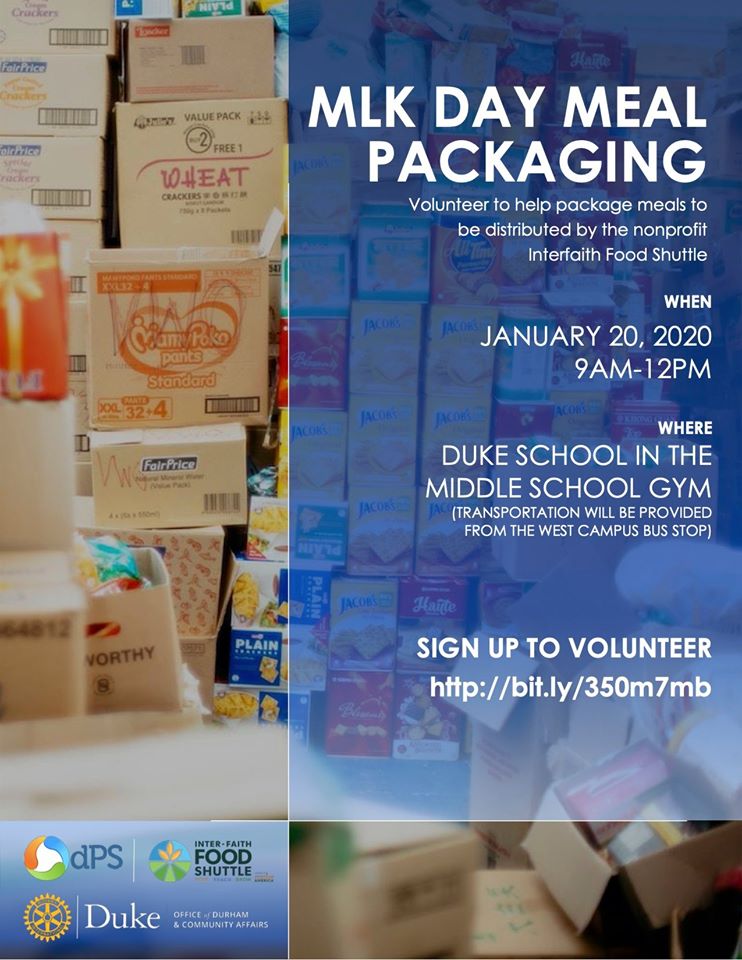 Duke_CSC's tweet image. MLK MEAL PACKAGING EVENT 2020
Monday, 1/20, 2020 @ Duke School in the Middle School Gym, 9:00 AM – 12:00 PM.  For more information, please contact Ana Gomez at ana.gomez1@duke.edu.

Sign up here: bit.ly/350m7mb