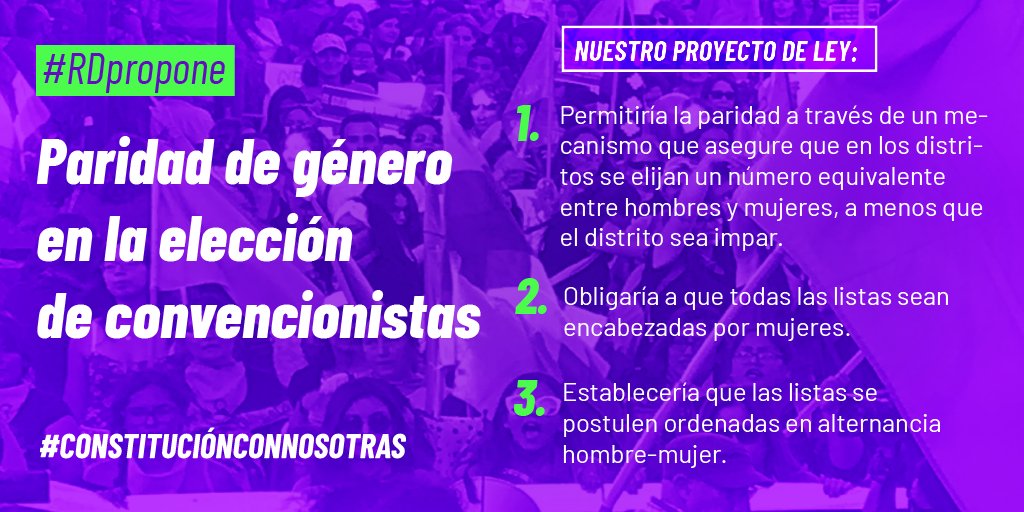 RDemocratica's tweet photo. Por una #NuevaConstitución con tod★s sino pa’ qué, #RDPropone un proyecto de ley que asegure representatividad, garantizando la elección paritaria de género en la convención constitucional, para que sean electas más mujeres. #ConstituciónConNosotras 👇 https://t.co/0y9CiQj3GG