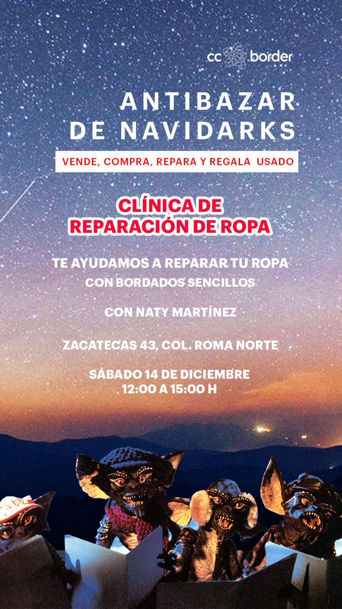 ___BORDER___'s tweet photo. ¡Si tienes ropa dañada y quieres repararla, además de aprender a hacerlo, te invitamos a la #clínica de reparación de ropa con Naty Martínez!

¡Mañana presente en el ANTIBazar de Navidarks!
https://t.co/04ppRLrLgK https://t.co/V8dvIwBhor