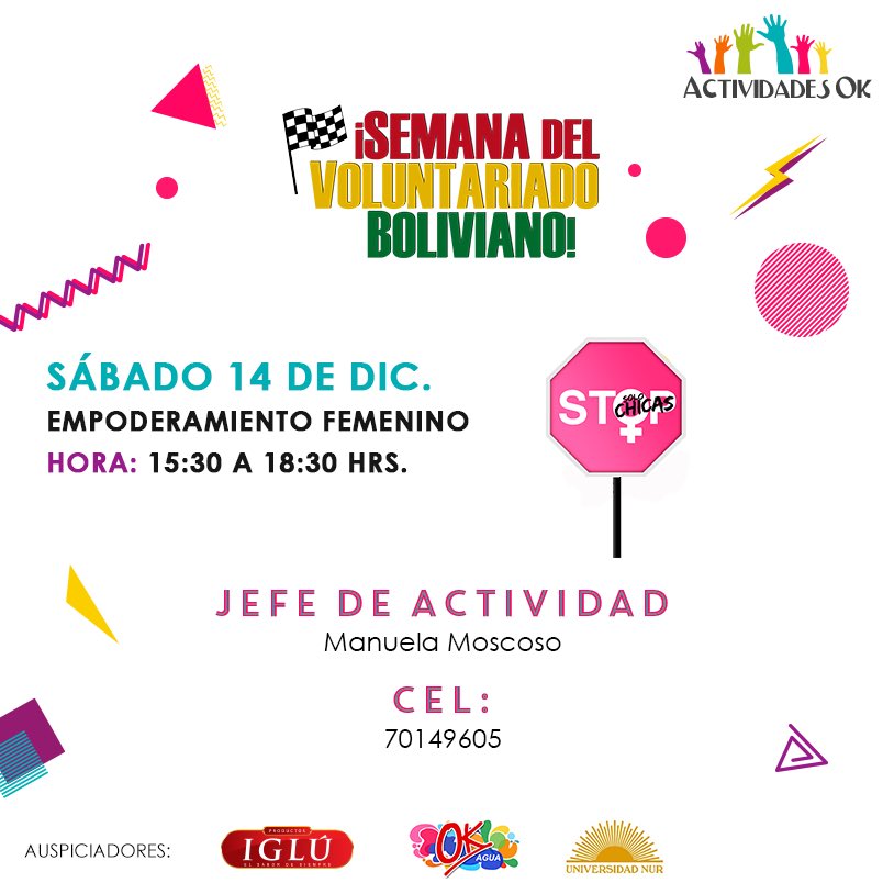 Última actividad de la #SemanaDelVoluntariadoBoliviano [2019], es el turno de #StopSoloChicas en la <a href="/UniversidadNUR/">Universidad Nur</a> 

Recibe más info con Manuela Moscoso al 70149605 #ActividadesOk
