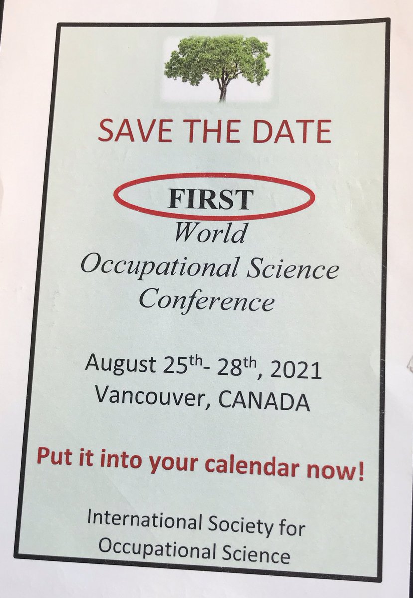As you start filling in your 2020 calendar, leap ahead to 2021 and add August 25-28, 2021 for the First World Occupational Science Conference in Vancouver Canada 🇨🇦 
<a href="/CSOSCanada/">CSOS</a> <a href="/OccSci_USA/">Society for the Study of Occupation: USA</a> <a href="/OSEurope/">Occupational Science Europe</a> <a href="/CAOT_ACE/">CAOT_ACE</a> @joccsci