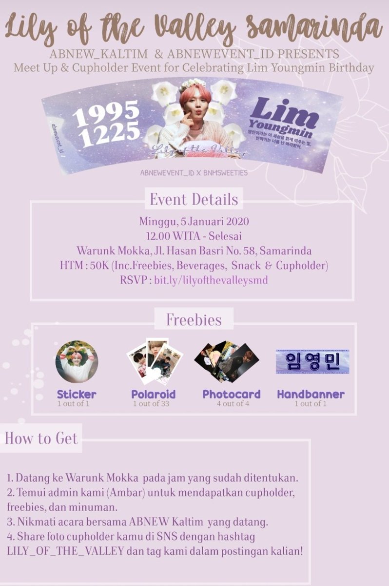 AB6IX_KALTIM's tweet photo. 🌸 Lily Of The Valley Samarinda 🌸

📆 Minggu, 5 Januari 2020
🕛 12.00 WITA - selesai
🏢 Warunk Mokka, Jl. Hasan Basri No. 58 Samarinda
💰 50K (inc. Beverages &amp; snack)
📃 RSVP : https://t.co/tkFHUuAVd2

❤ Special thanks to @bnmsweeties for cupholder &amp; photo 💕 
#LIMYOUNGMIN https://t.co/sh2qoesbYt