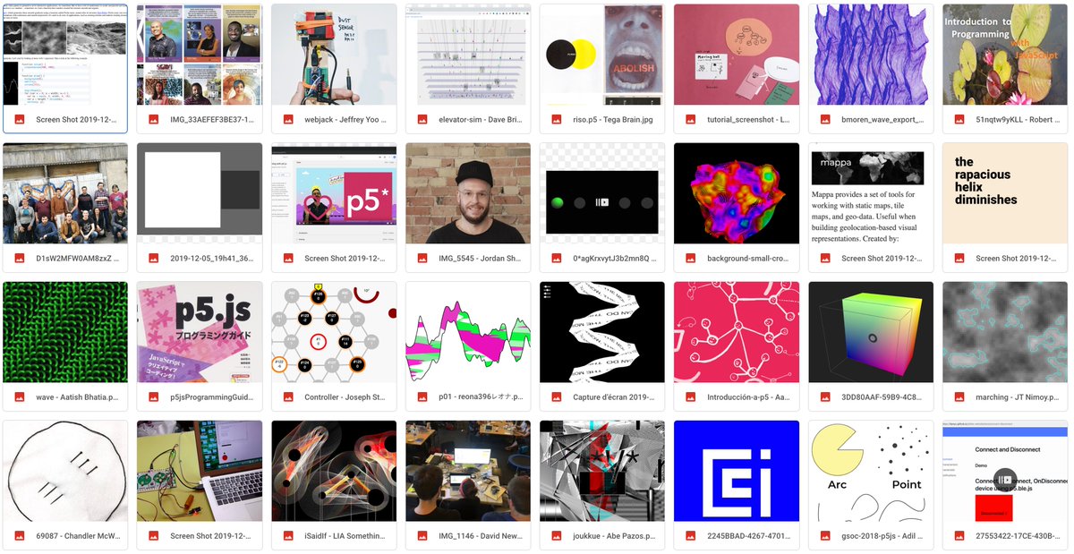 a grid of images including p5 sketches, profile pictures, arduinos, visualizations, groups of people