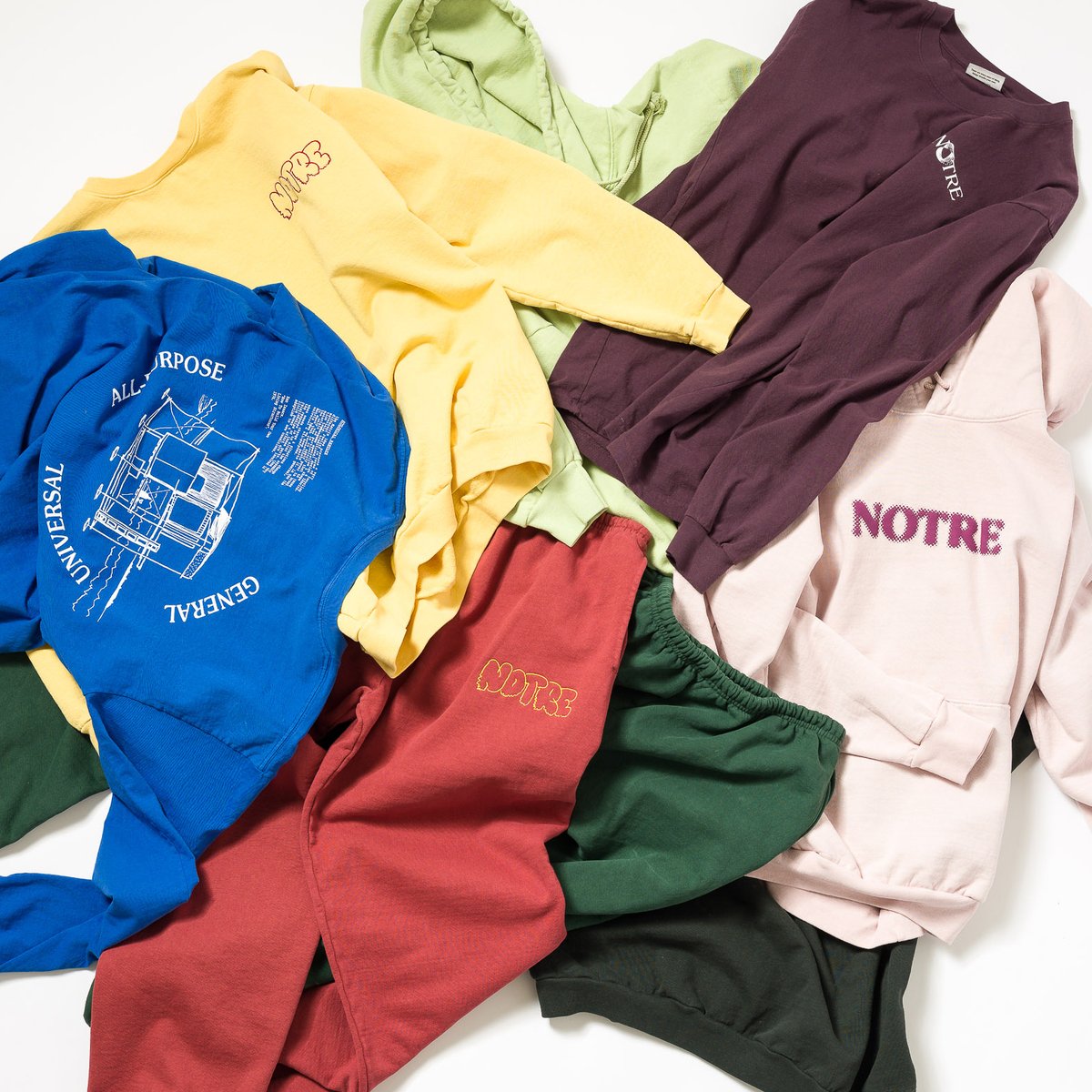 Notre's tweet photo. Introducing our latest Notre private label collection.

This is our first collection produced by @EVERYBODY_WORLD world in LA using their Trash Collection, made from 100% recycled cotton and fleece.

Available in-store now and online next week https://t.co/tliEfUggjJ
