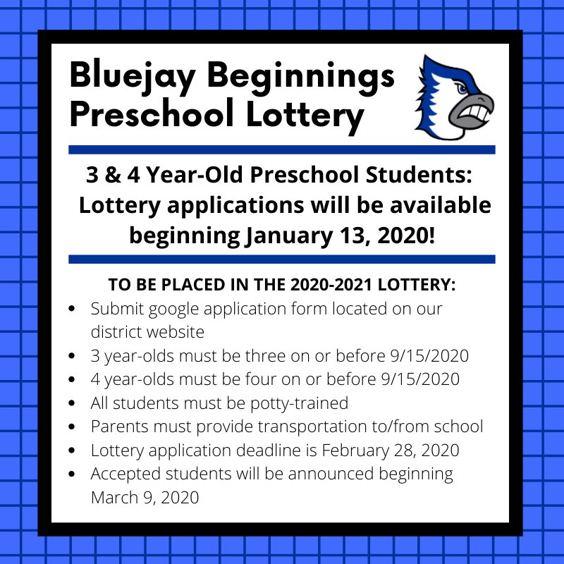 BF_District's tweet photo. The #BFCSD Bluejay Beginnings Preschool Program will accept lottery applications for the 2020-21 school year beginning January 13, 2020 through February 28, 2020! Learn more about the program and the registration process at https://t.co/VsE7HVWeYp. https://t.co/AssZTfbhLh