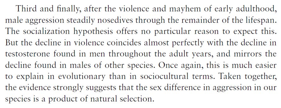 Fourth, "male aggression steadily nosedives through the remainder of the lifespan. The socialization hypothesis offers no particular reason to expect this."  https://www.amazon.com/Ape-that-Understood-Universe-Culture/dp/1108732755/  #TheApeThatUnderstoodTheUniverse 6/10