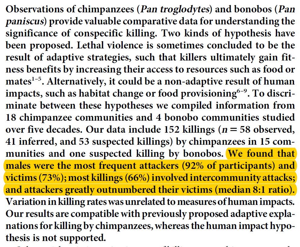 Finally, comparable differences are found in many other species. For example…Humans: Males commit 95% of homicides and are 79% of homicide victims  http://www.unodc.org/documents/gsh/pdfs/2014_GLOBAL_HOMICIDE_BOOK_web.pdfChimps: Males commit 92% of chimpicides and are 73% of chimpicide victims  https://www.nature.com/articles/nature13727 9/10