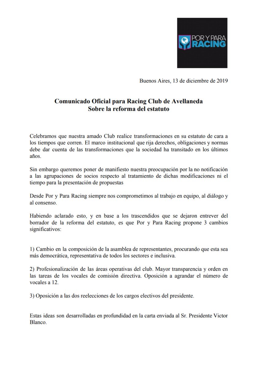 Comunicado oficial de Por y Para Racing ante la Reforma del Estatuto. 

Para conocer más 👉 drive.google.com/open?id=1siNTm… #RacingClub