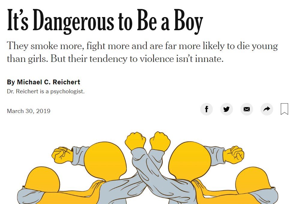 THREAD: Sex Differences in AggressionAccording to a recent New York Times piece, boys are more violent than girls – but their tendency to violence isn't innate.  https://www.nytimes.com/2019/03/30/opinion/sunday/boys-men-violence.htmlCertainly, socialization matters. But biology matters as well. Here's how we know... 1/10