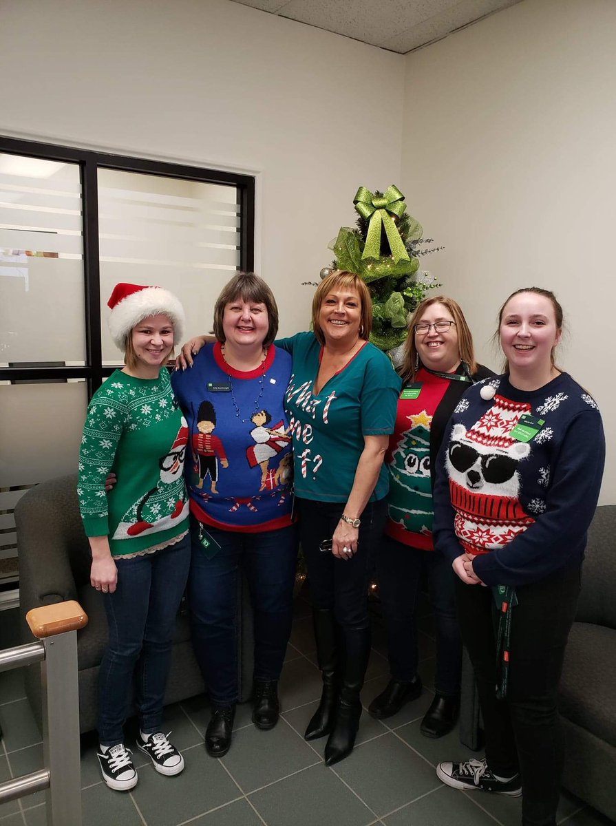 KellyDouth's tweet photo. Ugly sweater day at TD! #branch4857 @alexgreg123 @RobinDurette @itshelenasum @NicoleNazair @mandyk0288 @twinkle2404 @MarieEveFourni2 https://t.co/iAerR2wPNs