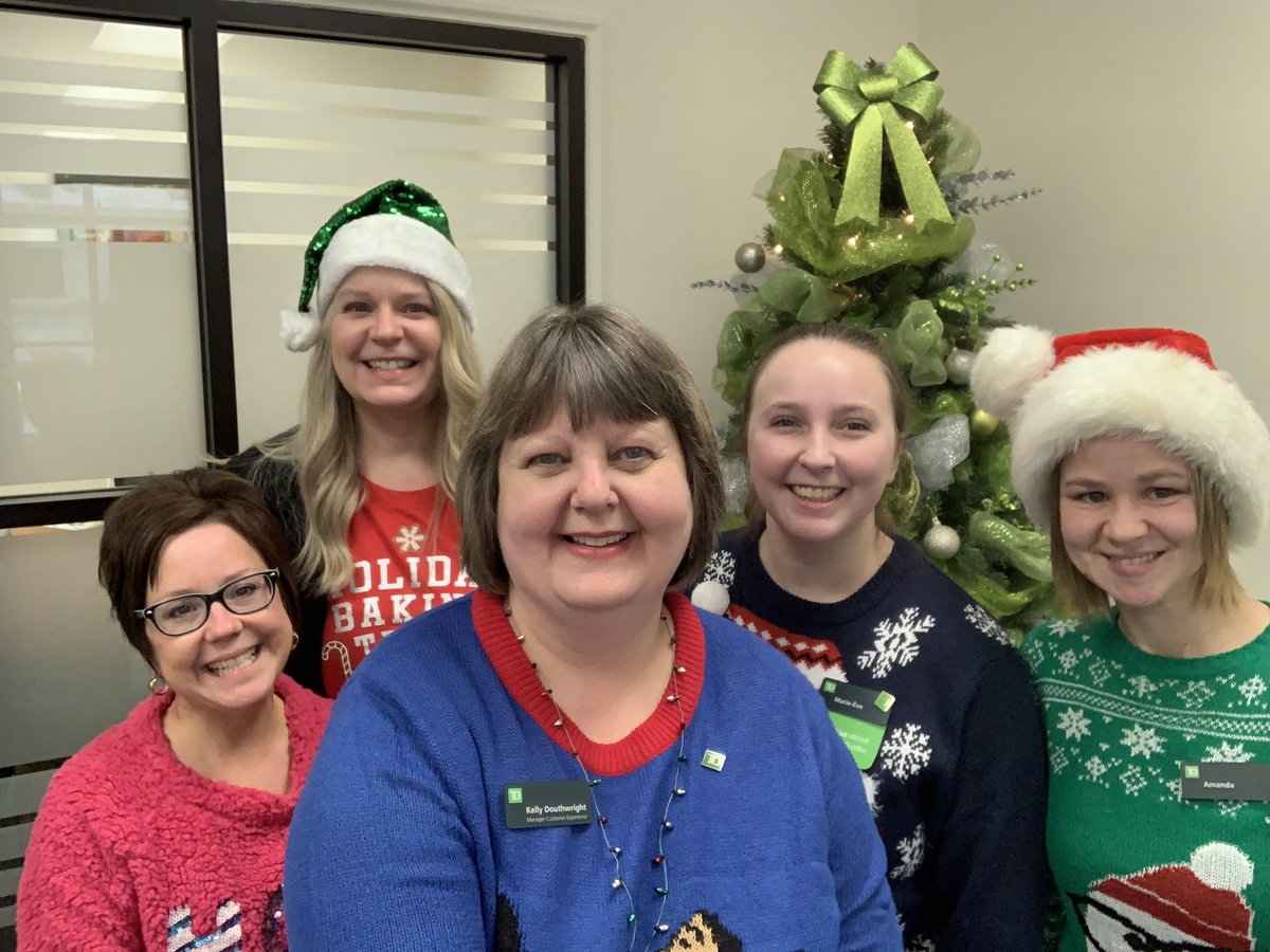 KellyDouth's tweet photo. Ugly sweater day at TD! #branch4857 @alexgreg123 @RobinDurette @itshelenasum @NicoleNazair @mandyk0288 @twinkle2404 @MarieEveFourni2 https://t.co/iAerR2wPNs