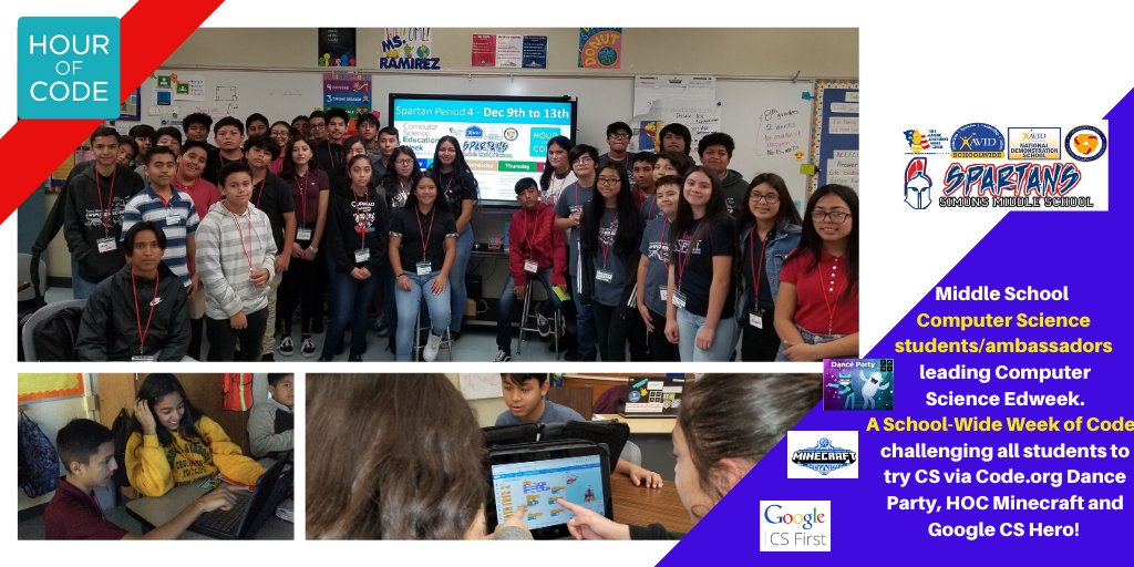 CSwithRamirez's tweet photo. CS Ambassadors facilitated week long  #CSEdWeek2019 @hourofcode  
"It doesn't matter where you come from or who you are you need an opportunity to try code - it can change your future" 13yr fml CS stdnt @SimonsPUSD Proud of their leadership and peer empowerment! Thnx u SMS tchrs! https://t.co/6wuat9Dog7