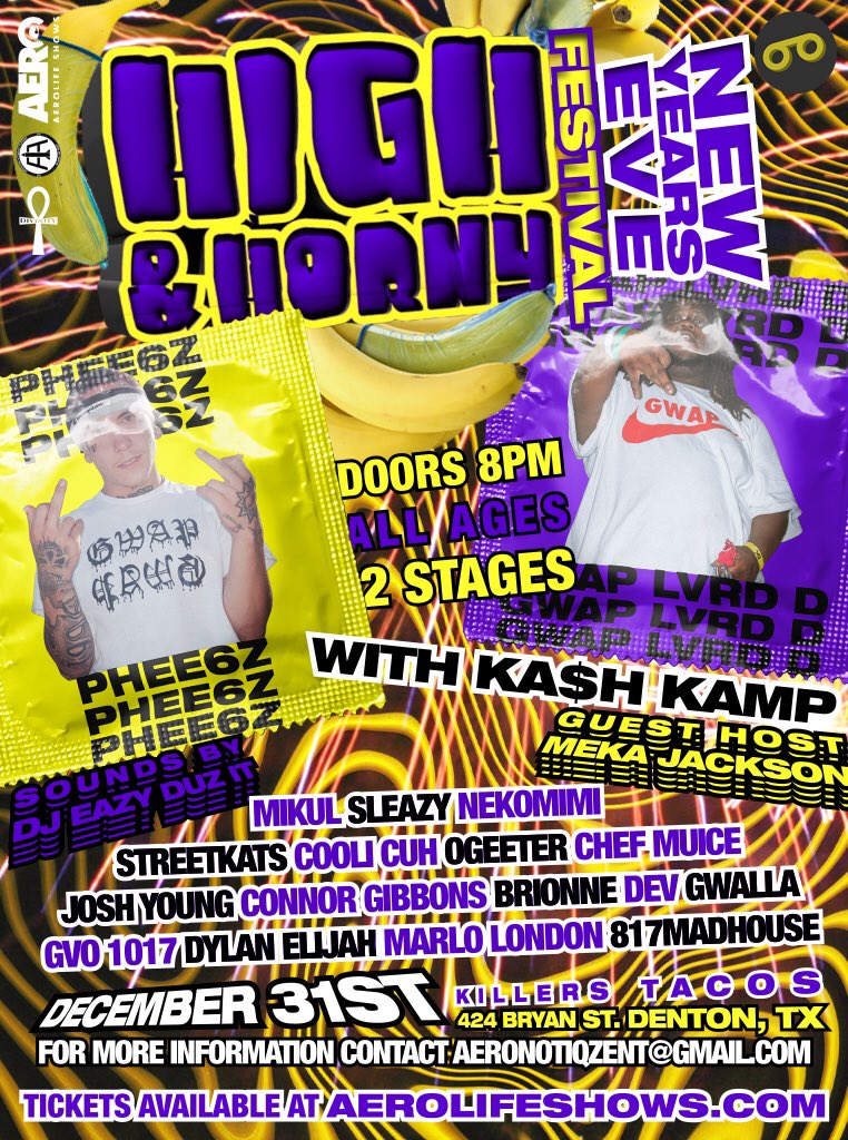 AeronotiqzInfo's tweet photo. #HighAndHornyNewYearsEve Festival 🎉 🎉 December 31st in Denton!

W/ @Phee6z @Gwap_Lvrd_D #KASHKAMP @MikulProduction @SleazyMontana @bri0nne_ &amp; more!

2 Stages, Vendors, Tacos &amp; More 🌮

A FEW EARLY BIRD TICKETS STILL AVAILABLE ➡️ https://t.co/DVnrsXDYzM

424 Bryan st Denton, TX https://t.co/MKiV7JEmHj
