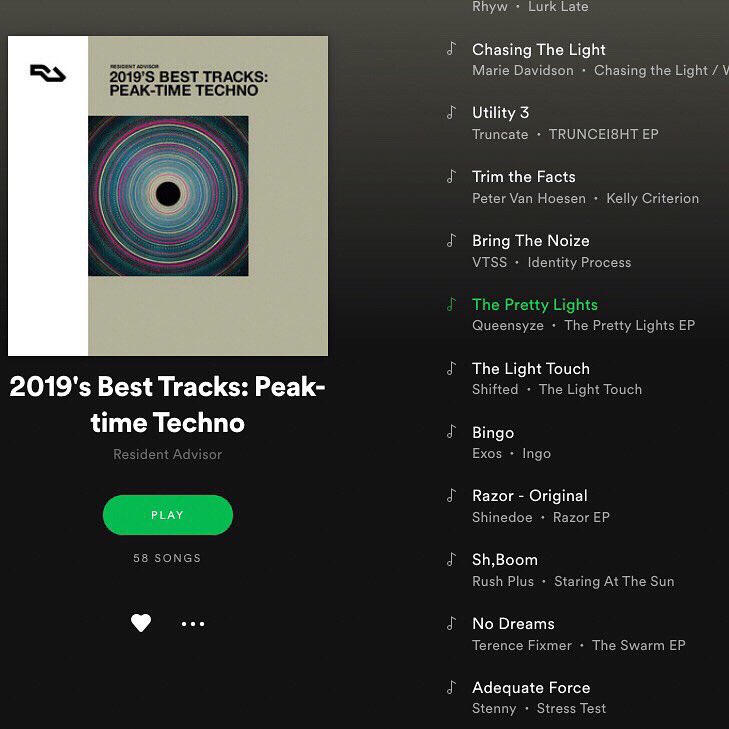 Thank you so much <a href="/residentadvisor/">Resident Advisor</a> for including my track ‘The Pretty Lights on your 2019 Best Tracks Peak-Time Techno playlist, what an honour!