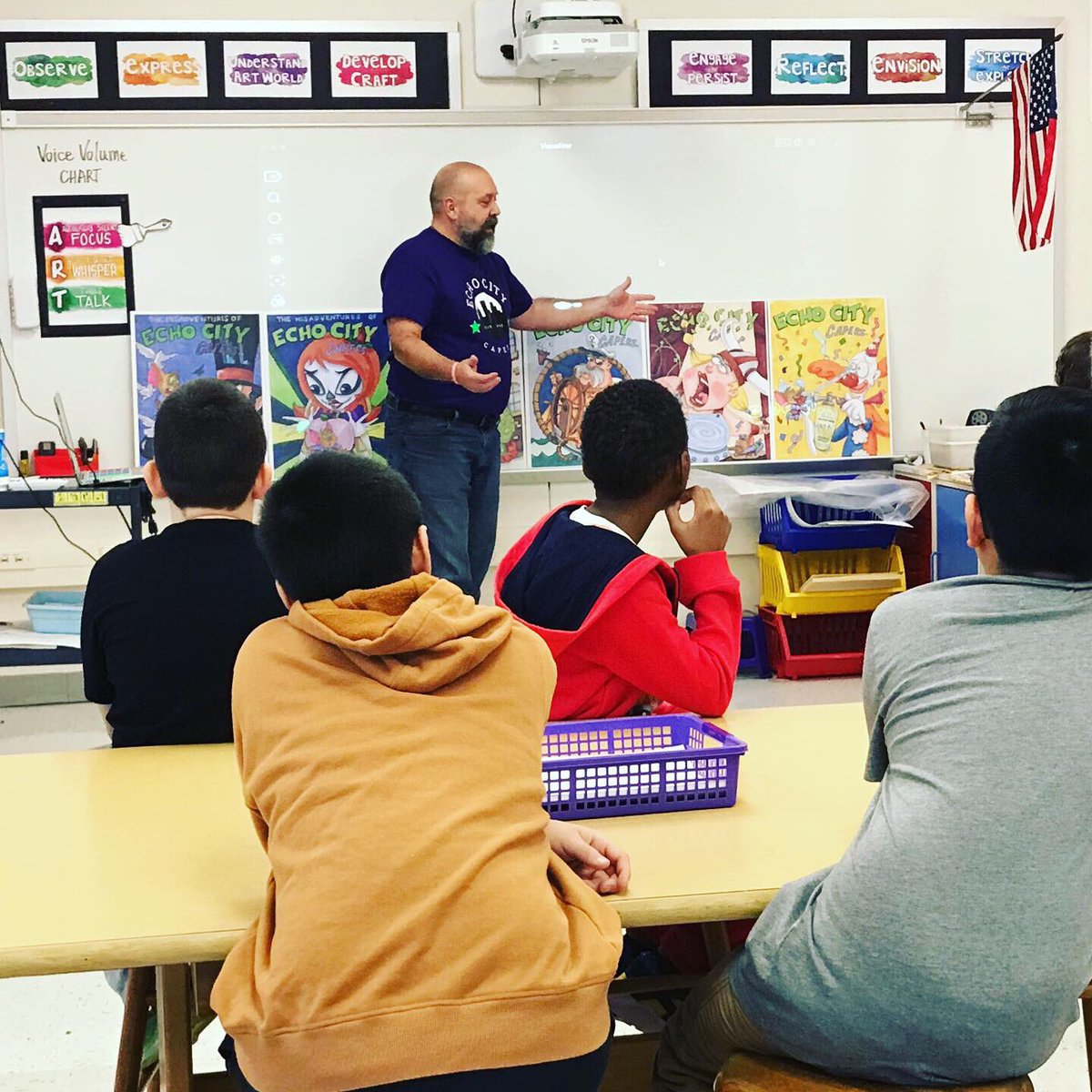 EASDRodrigues's tweet photo. Echo City Capers made it to the @EASDForks’s Art Room! 5th grade SS were thrilled to learn about the process of creating comic books! A student commented that watching local artists in action made him feel like he could do it too. So true!#communityrolemodels #21stcenturyskills https://t.co/MB6tPHAE0n