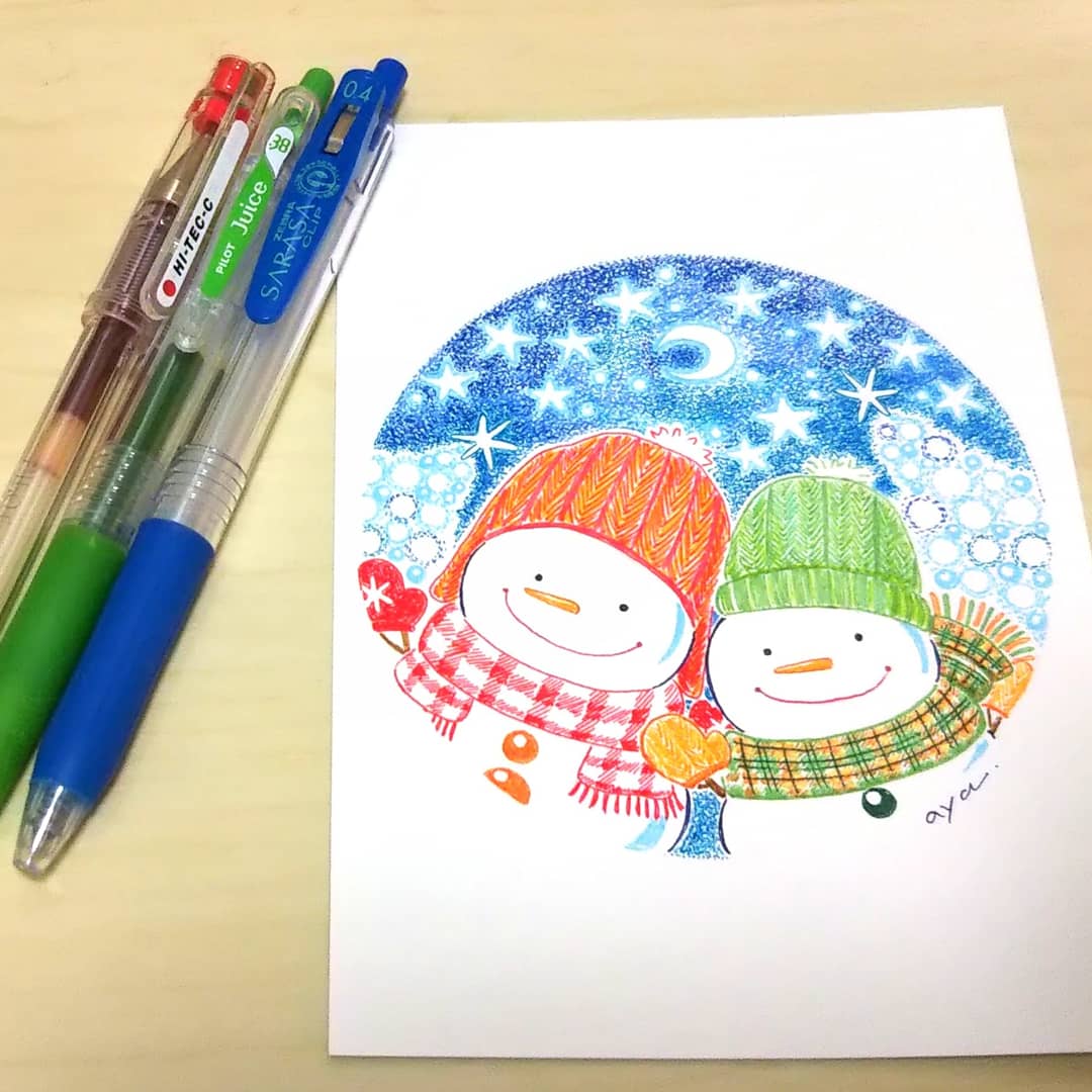 Aya 別の角度から ボールペンイラスト イラスト イラストレーション 雪だるま 冬 クリスマス Illustration Christmas19