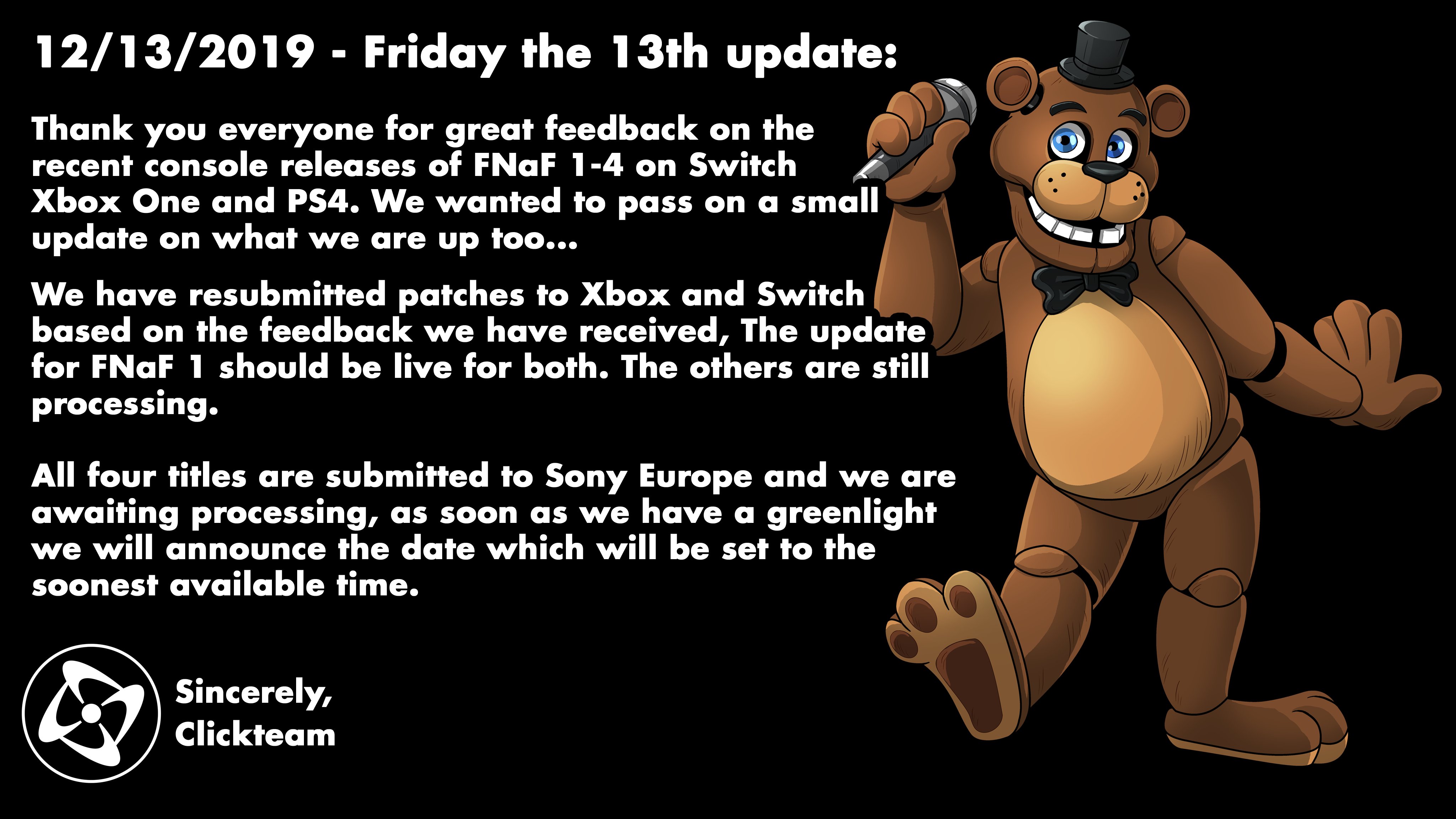 Clickteam on X: We have pushed the first #FNaF 4 #NintendoSwitch patch, it  should start filtering out to everyone's device over the next 24 hours. If  you find any other issues please