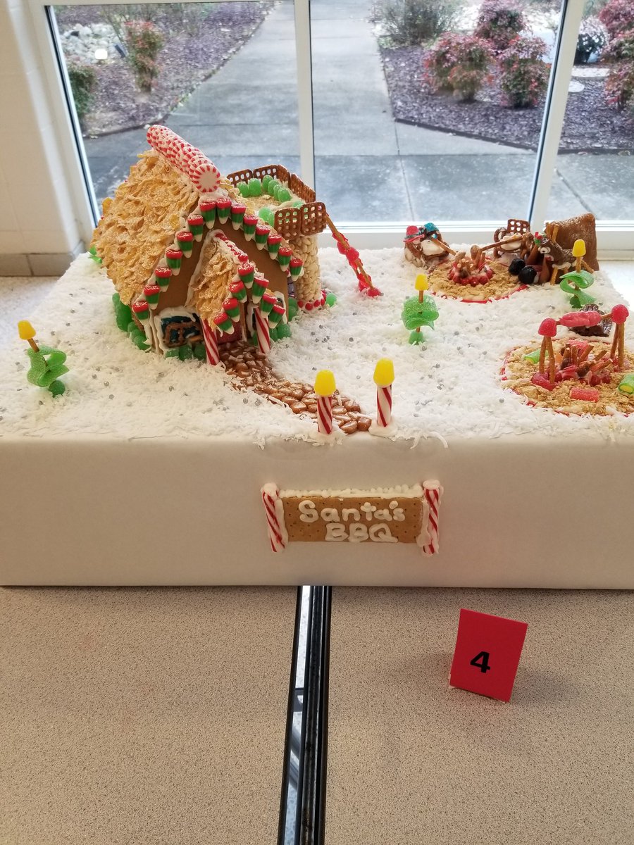StephHorton686's tweet photo. Today was our first annual Gingerbread House Contest!  We had some very creative entries!  And the winners are (judged by our great students) . . . 1st place -- She Shed (Electives team), 2nd place -- Santa's BBQ (Admin team &amp; TIS), 3rd place -- Gingerbread Fantasy (Office Staff) https://t.co/SWopWIqH04