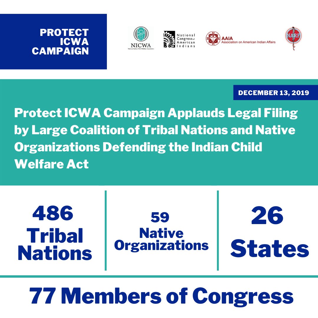 NCAI1944's tweet image. Protect ICWA Campaign Applauds Legal Filing by Large Coalition of Tribal Nations and Native Organizations Defending the Indian Child Welfare Act bit.ly/2RQoeiY

#ProtectICWACampaign #ICWA #NativeChildren #NativeFamilies