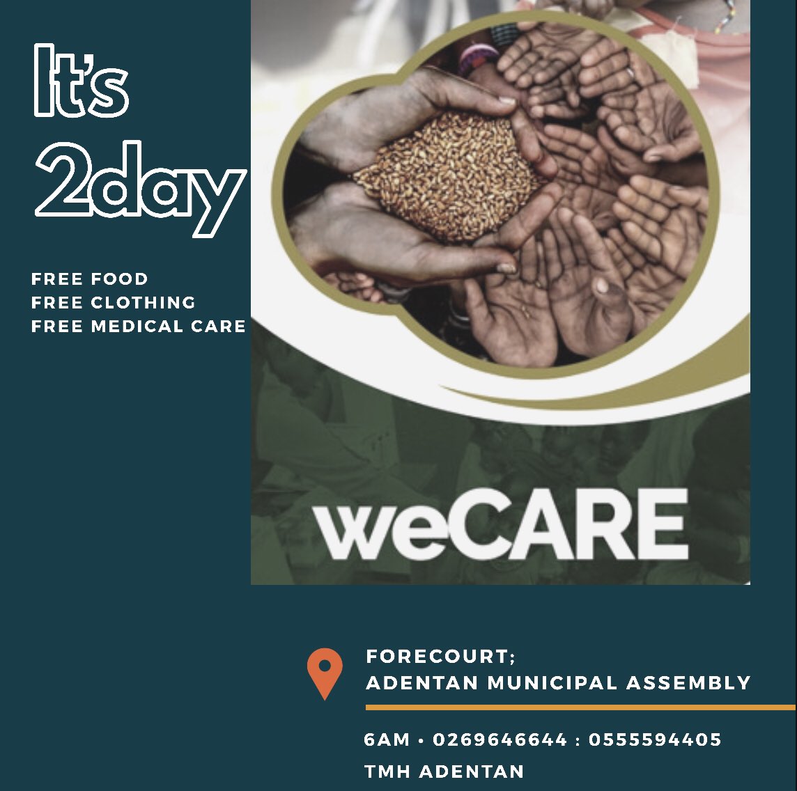 It’s today!

#weCARE is finally here. Come taste and see that the Lord is good. The Maker’s House Chapel, Adentan Branch (Supernatural Arena) sharing love freely!

Be someone’s #Hope.

#TMH
#SupernaturalArena
#TMHAdentan
#Purpose2020