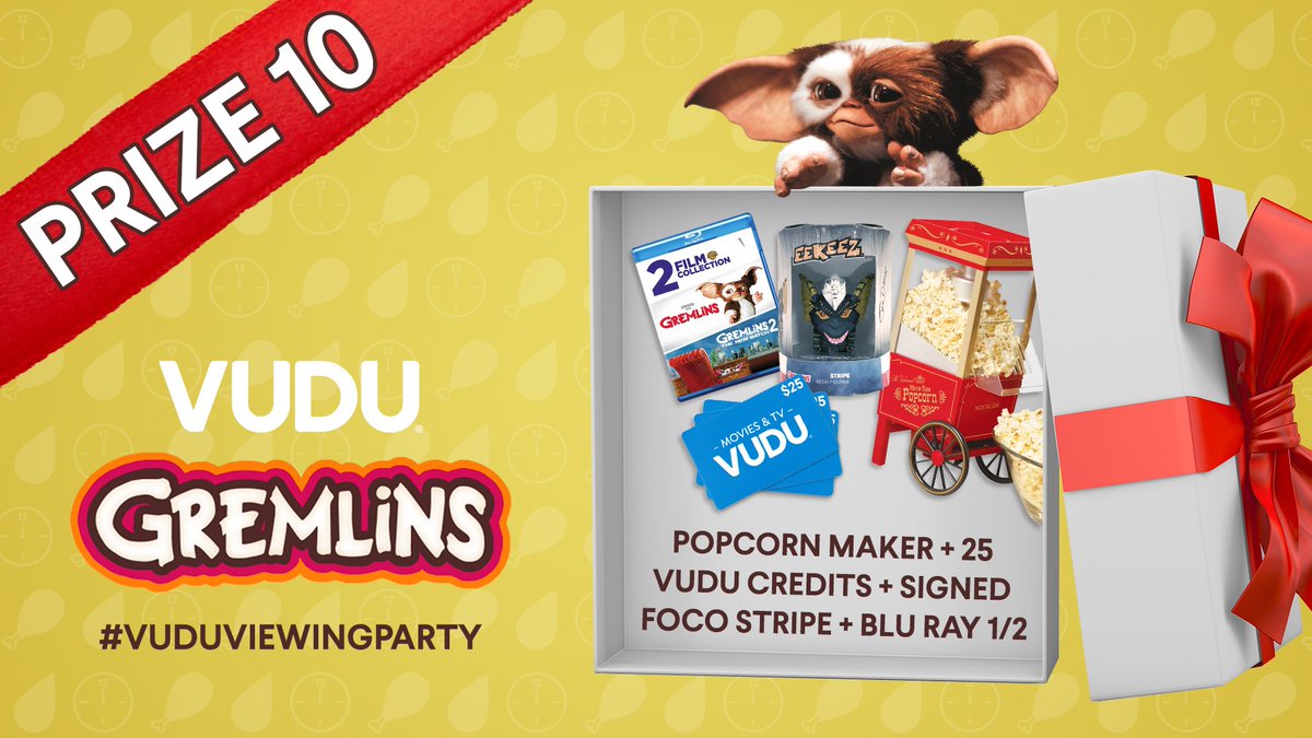 VuduFans's tweet photo. PRIZE 10: What's the first movie you remember seeing in theaters? QUOTE TWEET your answer and tag it #VuduViewingParty &amp; #Sweepstakes in the next 5 minutes for a chance to win 1 of 2 Popcorn Maker / $25 Vudu Credit / Signed Stripe / Gremlins 1 &amp; 2 Blu-rays. https://t.co/qTvnBj4fJz