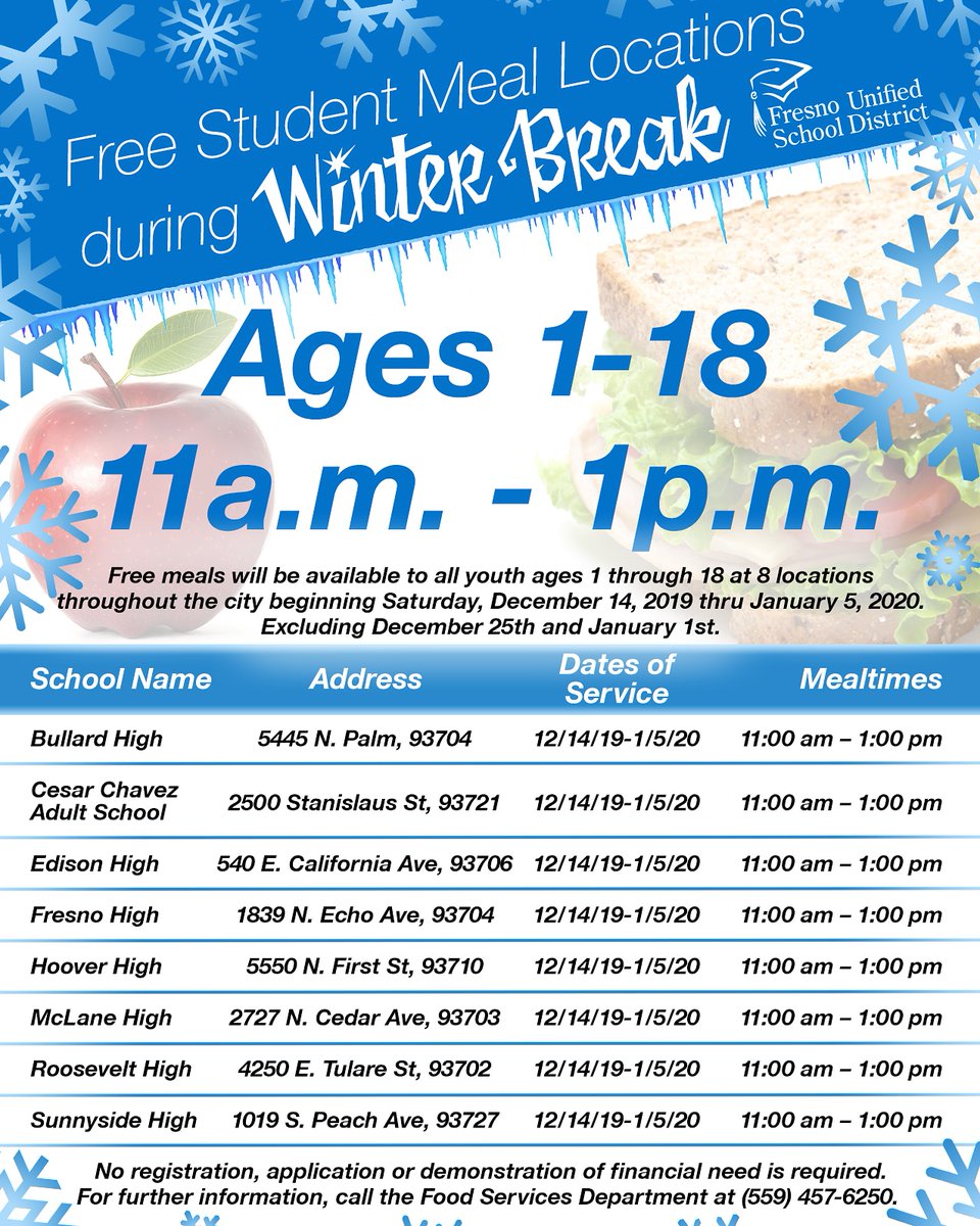 Our Free Winter Meals Programs starts tomorrow, December 14. #FresnoUnified #HealthyMeals #Students #WeCare 🍱😊