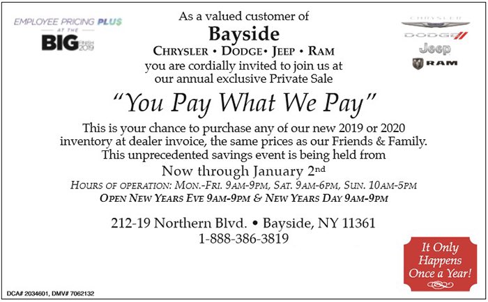 CryslrJeepDodge's tweet photo. Through January 2, You Pay What We Pay! Purchase any new 2019 or 2020 inventory at dealer invoice, the same prices as Friends &amp; Family! 🚘 

Show this deal on your phone at the dealership from now through Jan 2!

#newcarspecials #holidayshopping #chrysler #jeep #dodge #ramtrucks https://t.co/xN1Md8lAYr