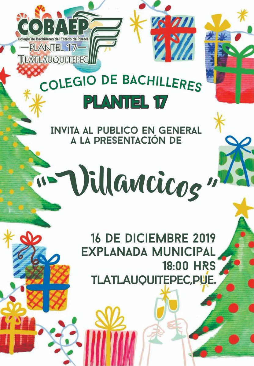 Cobaep_P17's tweet photo. El personal docente, administrativo y de servicios se complacen en invitar a todos los padres de familia de nuestros alumnos, ex-alumnos y público en general a que asistan a presenciar nuestros eventos decembrinos
#SoyCobaep
#Plantel17
#Halcones17 https://t.co/AqKUY8NkCQ