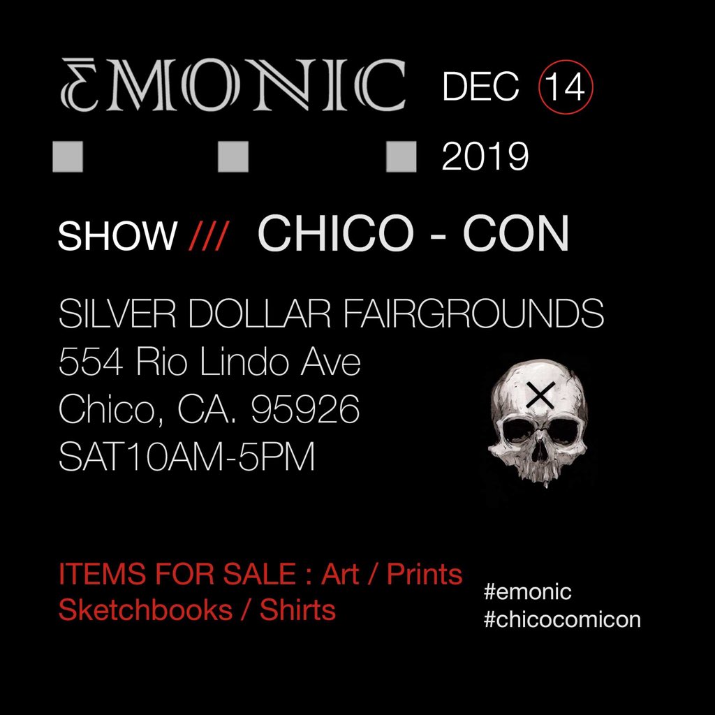 Emonic_Art's tweet photo. This SATURDAY!!
I will be at CHICO-CON at the
Silver Dollar Fairgrounds
in Chico CA.
SAT 10AM-5PM
EARLY BIRDS are 9AM.
#emonic #chicocon #chicocomiccon #chicocon2019 https://t.co/giIP2MjxXP
