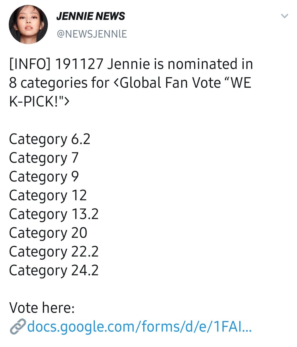 NEWSJENNlE's tweet photo. [INFO] 191214 KBS GLOBAL FAN VOTE "WE K-PICK!" results are out! 

#1 Queen Bee 
#1 Best Dresser (F) 
#1 Ideal romantic Christmas partner (F)
#2 Female idol with most beautiful face 

Thank you to everyone who voted! 

#BLACKPINK #블랙핑크
#JENNIE #제니 @ygofficialblink https://t.co/icU5Pudkfu