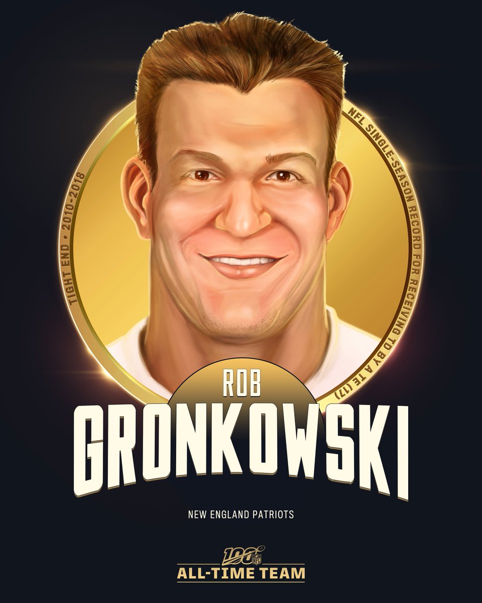 NFL's tweet photo. .@RobGronkowski is one of the five tight ends selected to the #NFL100 All-Time Team!

🏆 3x Super Bowl Champion
🏆 12 postseason TDs (most by TE, T-2nd all-time)
🏆 Single-season receiving TDs by TE record (17 in 2011)
🏆 79 receiving TDs (3rd among TEs)
🏆 4x First-Team All-Pro https://t.co/BNE80igvb6