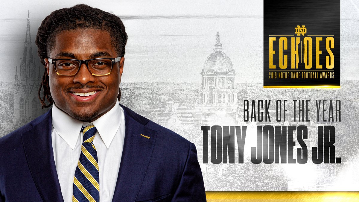 NDFootball's tweet photo. 🏆 Back of the Year 

An impact player on offense, senior running back @TonnJoness reached 100 rushing yards in four different games this season. 

#NDEchoes19 #GoIrish https://t.co/7asrpiaMHC
