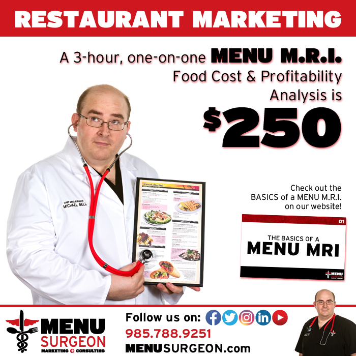 MenuSurgeon's tweet photo. A MENU M.R.I. is critical to understanding a menu's true profit potential, and to identifying hidden profit-makers. #MenuSurgeon will work one-on-one with owners to make sure the menu is done right!  (https://t.co/3FThDn20hx) #Marketing #SocialMedia #TheDoctorIsIn https://t.co/xMh0jtkUEq